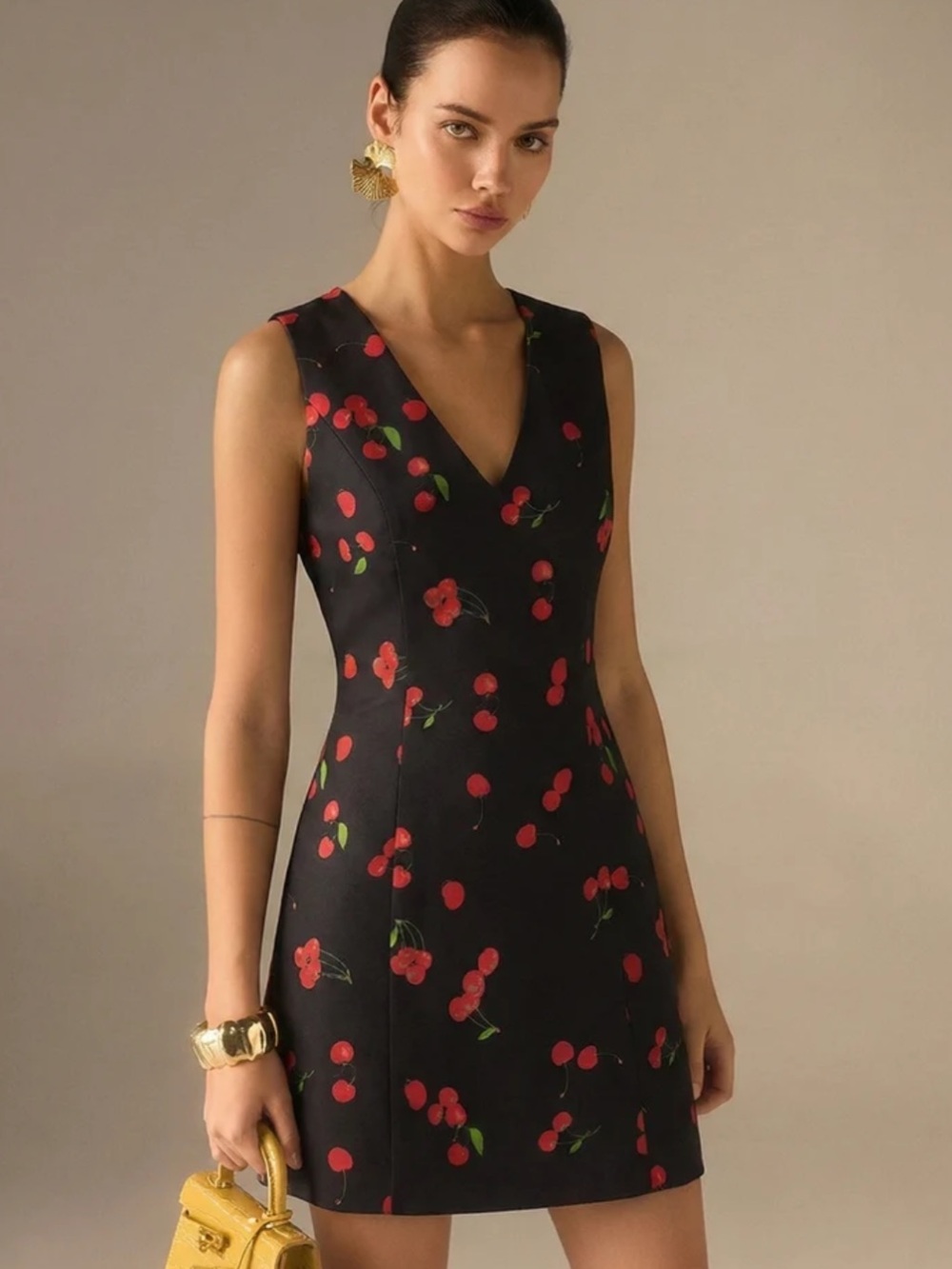 Commense Cherry Print Sleeveless V-Neck Mini Dress in Black Red NEW Size medium